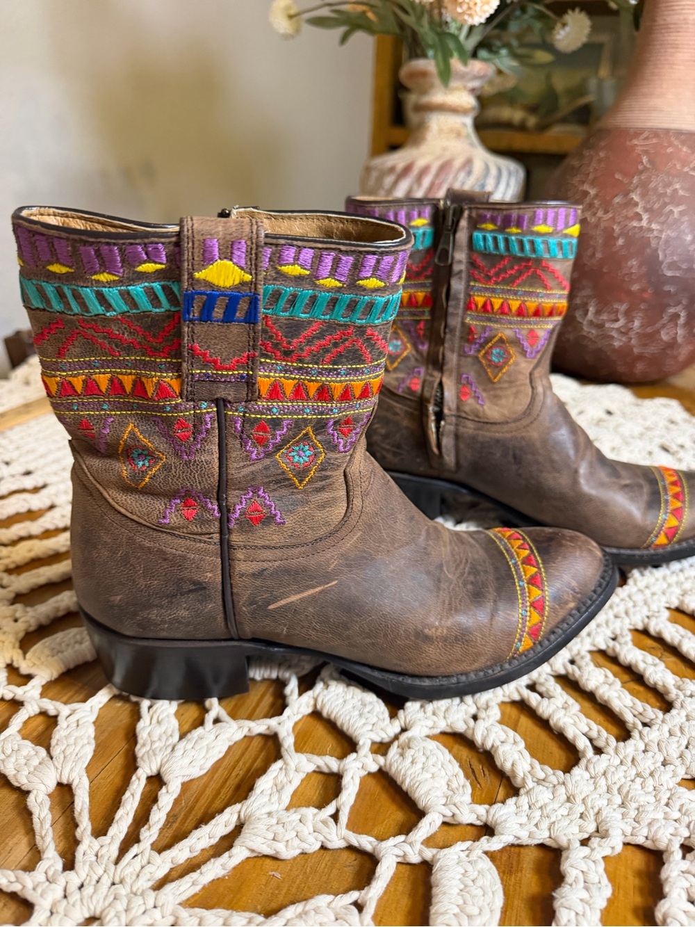 Johnny Ringo Women 6B Leather Ankle Cowboy Boots Embroidered Aztec Southwestern
